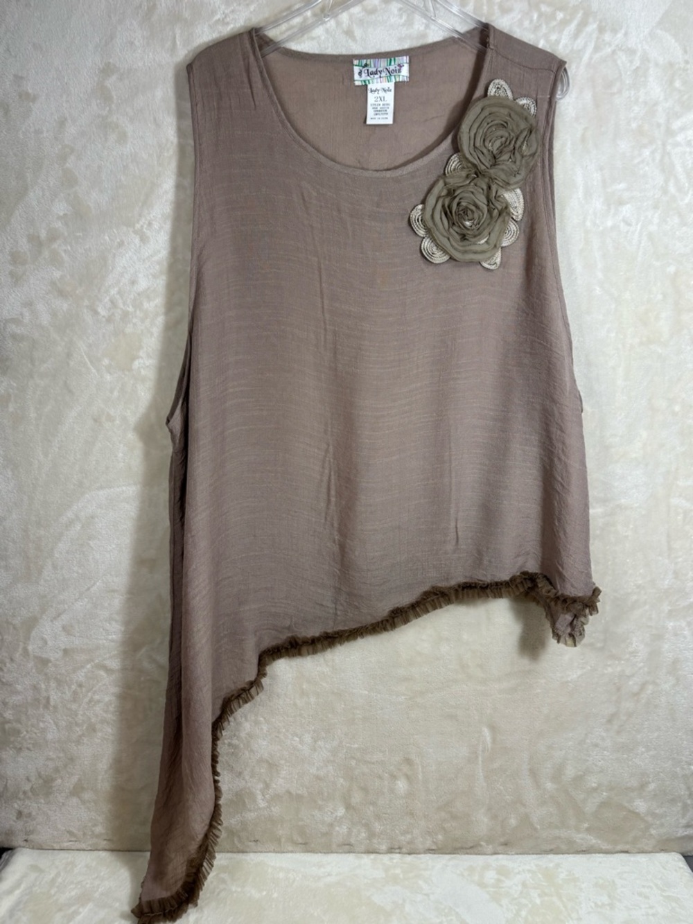 Lady Noiz Taupe Sleeveless Gauzy Top with Floral Applique